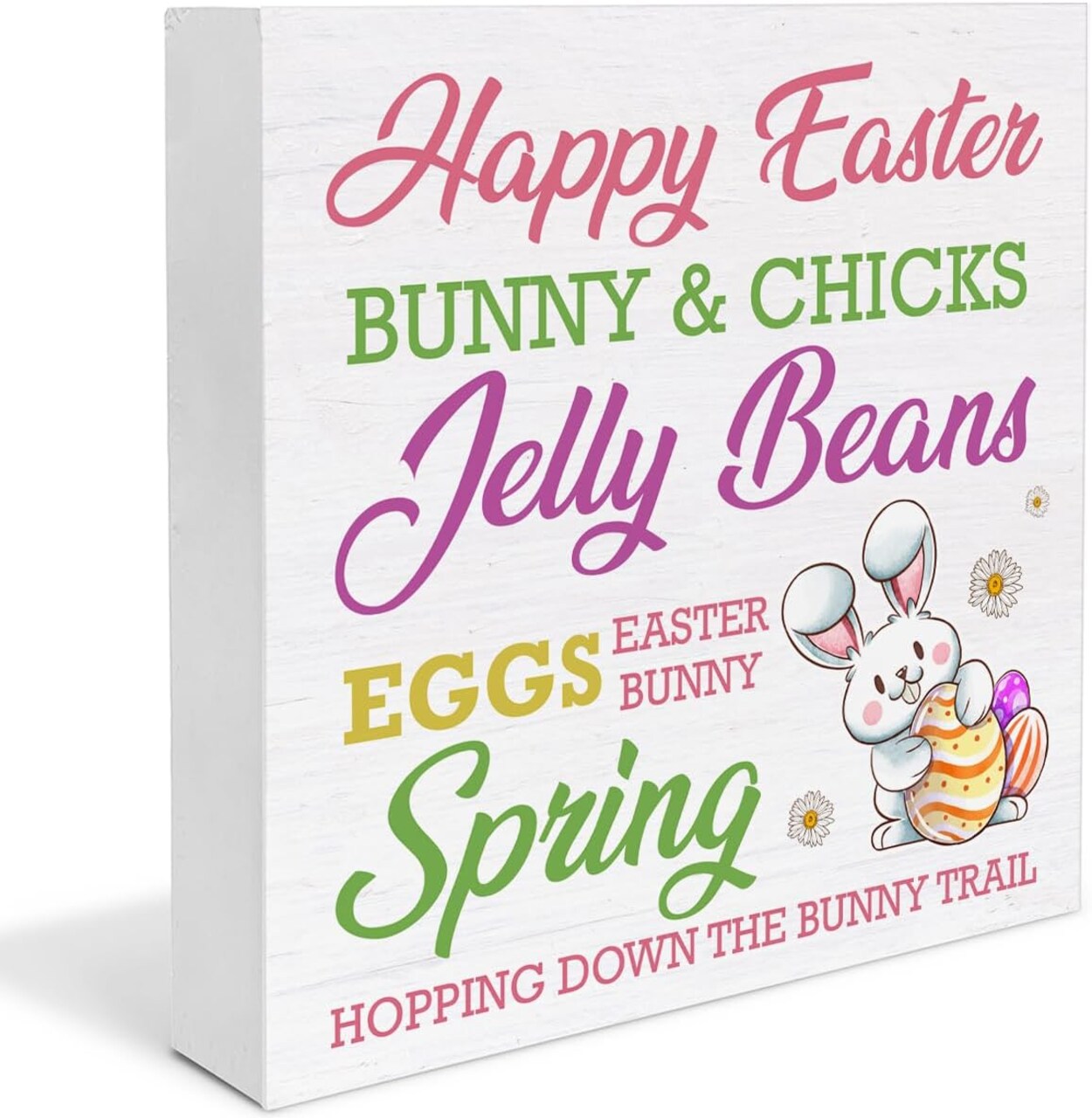 Easter Decor Happy Easter Bunny Wooden Sign, Easter Decorations for the Home, Easter Wooden Plaque Block Sign Rustic Home Kitchen Decor 5 x 5 Inches